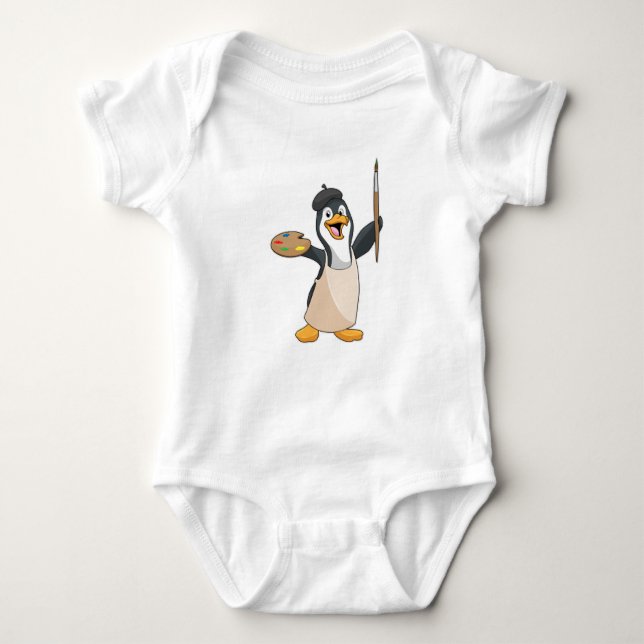 Penguin as Painter with Paint brush & Colour Baby Bodysuit (Front)