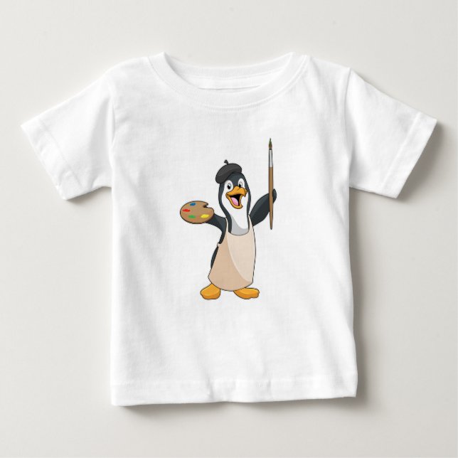 Penguin as Painter with Paint brush & Colour Baby T-Shirt (Front)