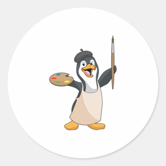 Penguin as Painter with Paint brush & Colour Classic Round Sticker (Front)