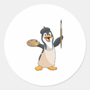 Penguin as Painter with Paint brush & Colour Classic Round Sticker