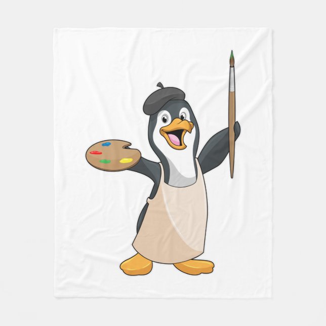 Penguin as Painter with Paint brush & Colour Fleece Blanket (Front)