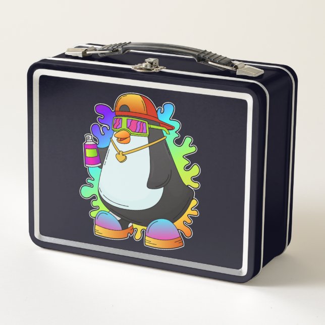 Penguin as Painter with Spray Metal Lunch Box (Front)