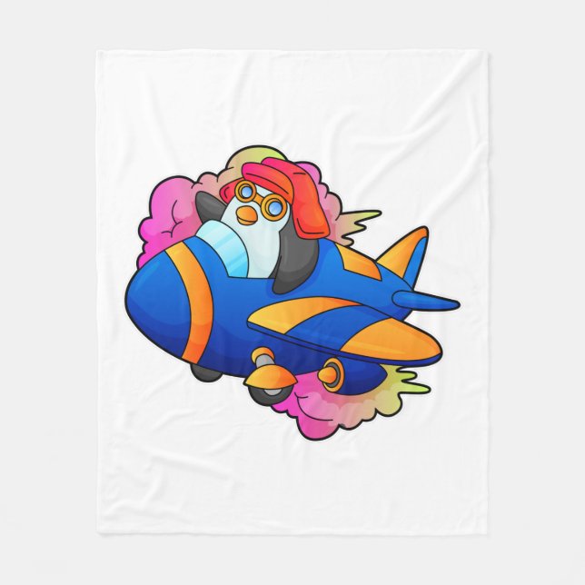 Penguin as Pilot with Plane Fleece Blanket (Front)