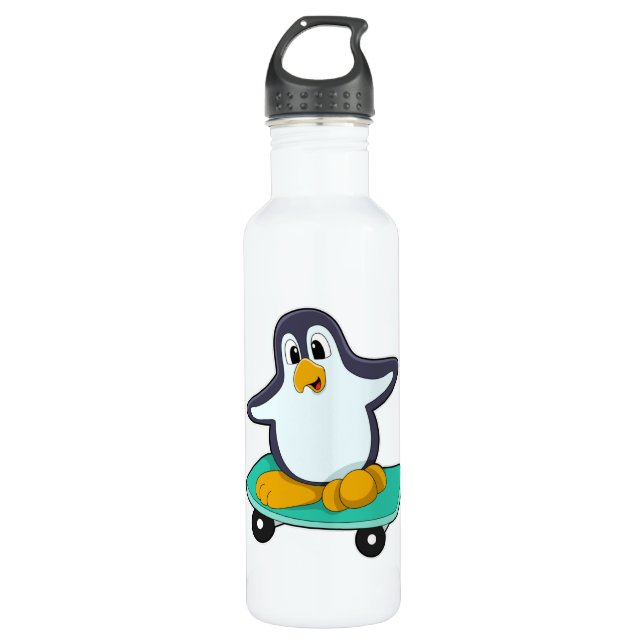 Penguin as Skater on Skateboard 710 Ml Water Bottle (Front)