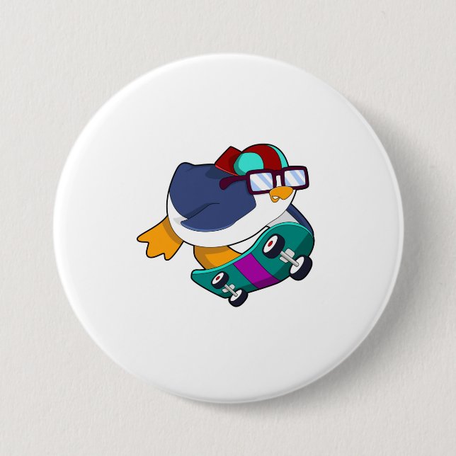 Penguin as Skater with Skateboard 7.5 Cm Round Badge (Front)