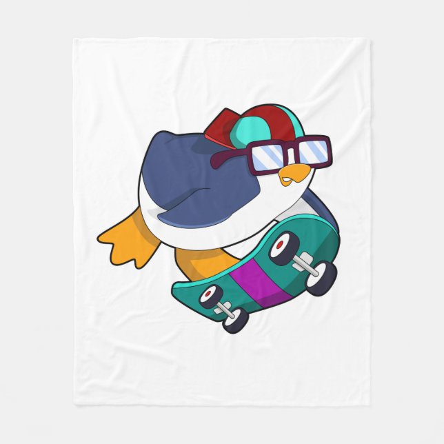 Penguin as Skater with Skateboard Fleece Blanket (Front)