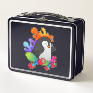 Penguin as Skater with Skateboard Metal Lunch Box