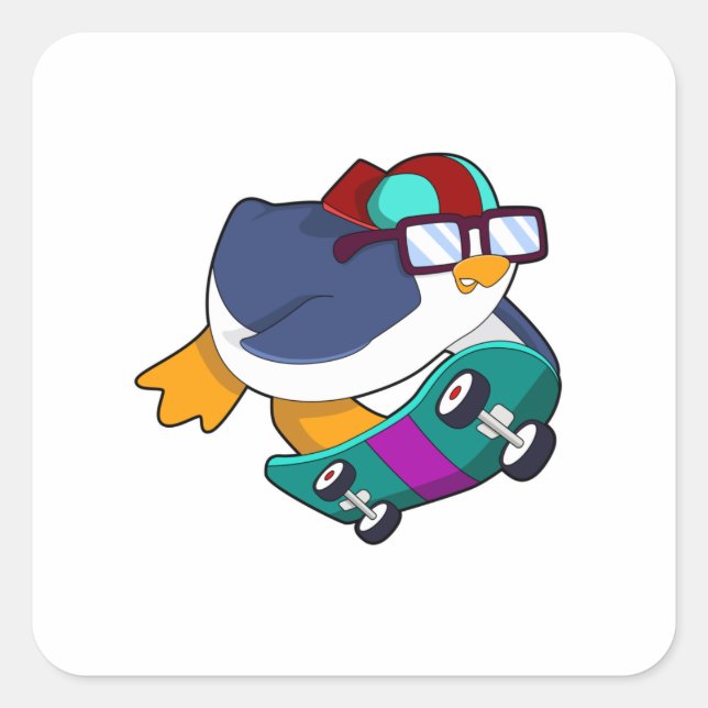Penguin as Skater with Skateboard Square Sticker (Front)