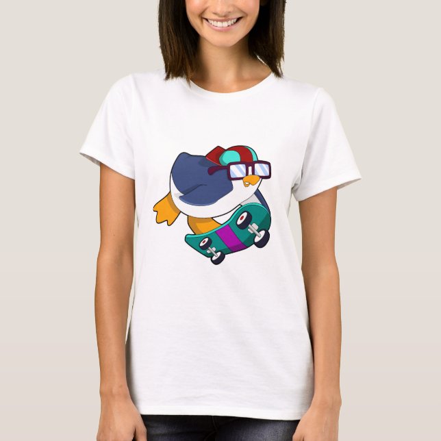Penguin as Skater with Skateboard T-Shirt (Front)