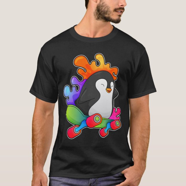 Penguin as Skater with Skateboard T-Shirt (Front)