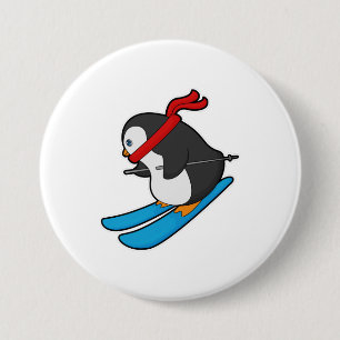 Penguin as Skier with Ski 7.5 Cm Round Badge
