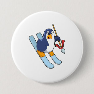Penguin as Skier with Ski 7.5 Cm Round Badge