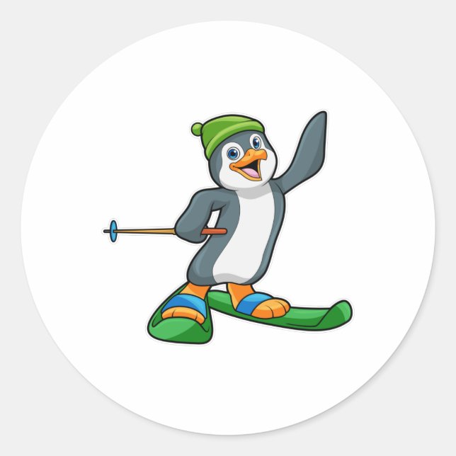 Penguin as Skier with Ski & Cap Classic Round Sticker (Front)