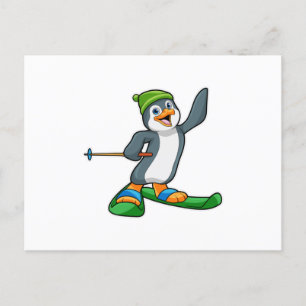 Penguin as Skier with Ski & Cap Postcard