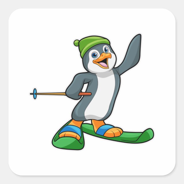 Penguin as Skier with Ski & Cap Square Sticker (Front)