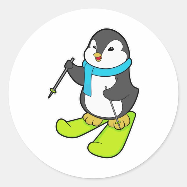 Penguin as Skier with Ski Classic Round Sticker (Front)