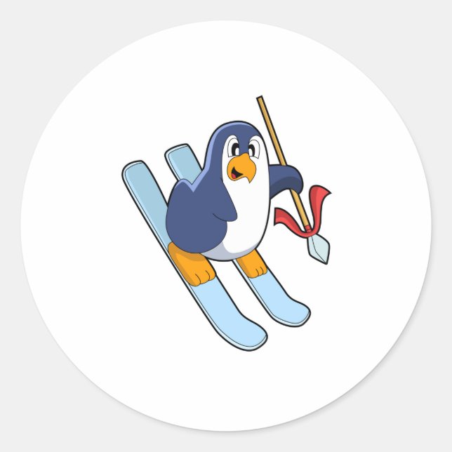 Penguin as Skier with Ski Classic Round Sticker (Front)