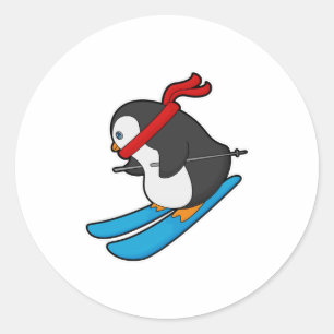 Penguin as Skier with Ski Classic Round Sticker