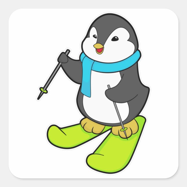 Penguin as Skier with Ski Square Sticker (Front)