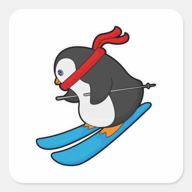 Penguin as Skier with Ski Square Sticker (Front)