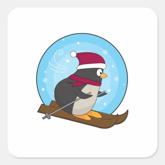 Penguin as Skier with Skis Square Sticker (Front)