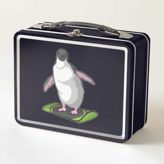Penguin as Snowboarder with Snowboard Metal Lunch Box (Front)
