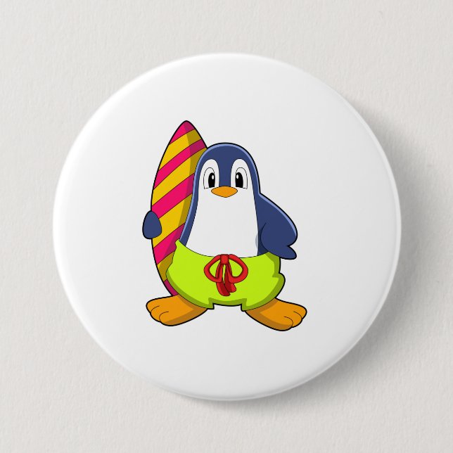 Penguin as Surfer with Surfboard 7.5 Cm Round Badge (Front)