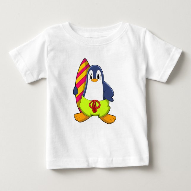 Penguin as Surfer with Surfboard Baby T-Shirt (Front)