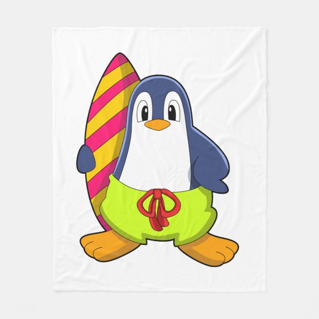 Penguin as Surfer with Surfboard Fleece Blanket (Front)