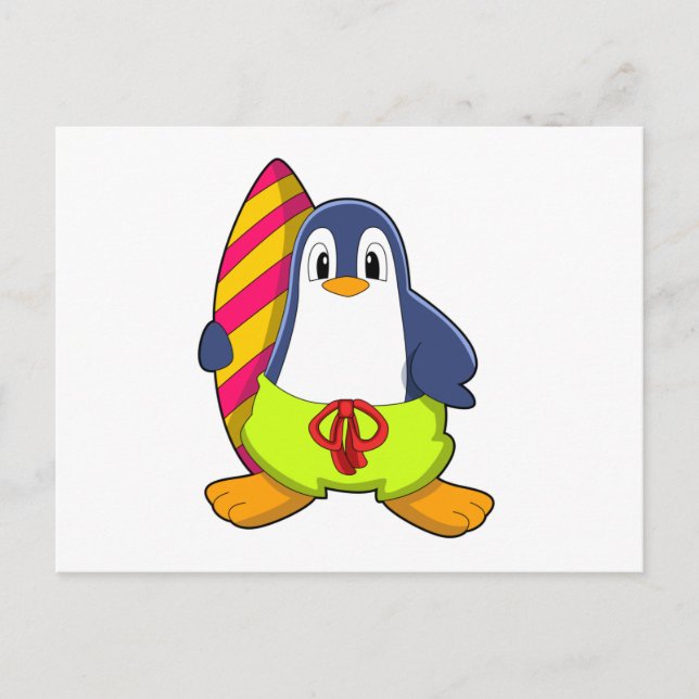 Penguin as Surfer with Surfboard Postcard (Front)