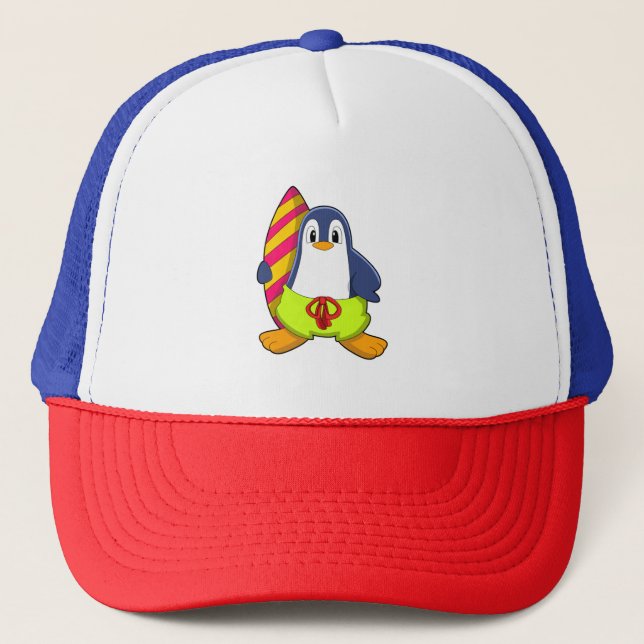Penguin as Surfer with Surfboard Trucker Hat (Front)