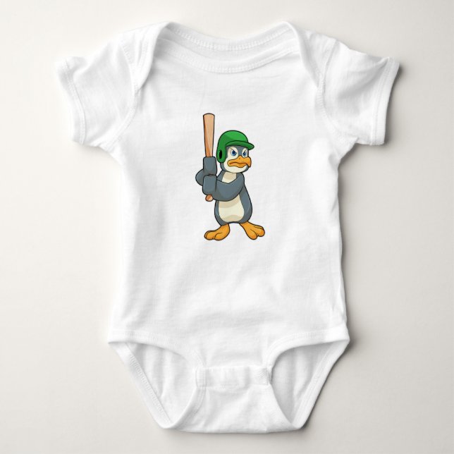 Penguin at Baseball with Baseball bat & Helmet Baby Bodysuit (Front)