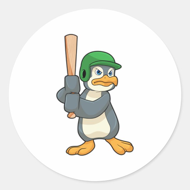 Penguin at Baseball with Baseball bat & Helmet Classic Round Sticker (Front)