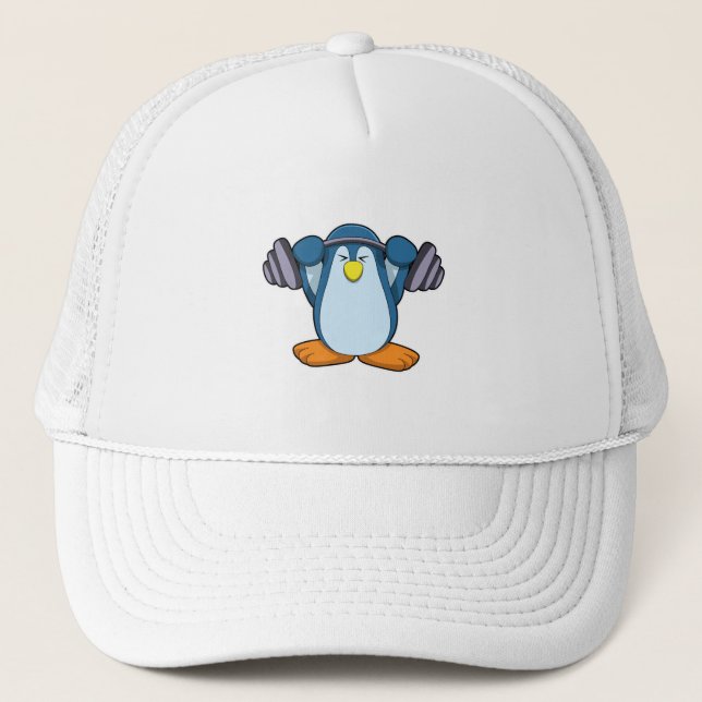 Penguin at Bodybuilding with Dumbbells Trucker Hat (Front)