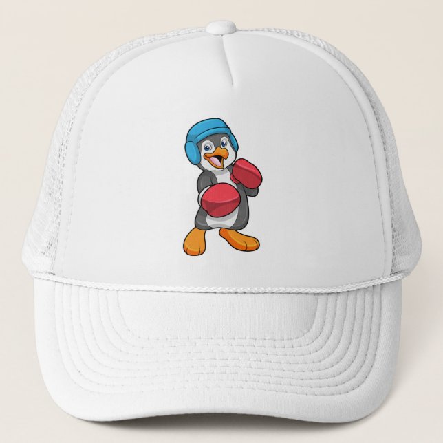 Penguin at Boxing with Boxing gloves & Helmet Trucker Hat (Front)