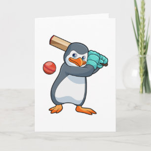 Penguin at Cricket with Cricket bat Card