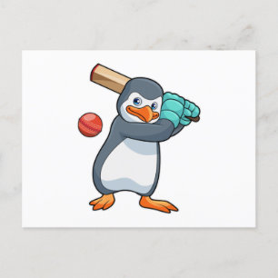 Penguin at Cricket with Cricket bat Postcard