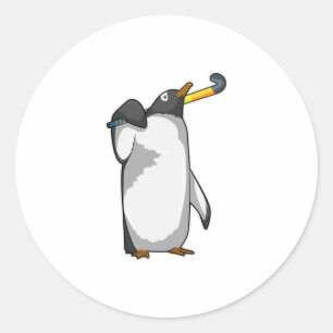 Penguin at Hockey with Hockey stick Classic Round Sticker