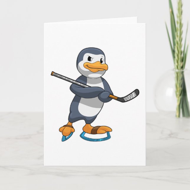 Penguin at Ice hockey with Ice hockey stick Card (Front)