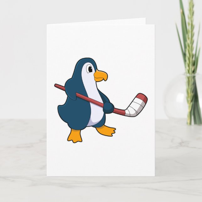 Penguin at Ice hockey with Ice hockey stick Card (Front)