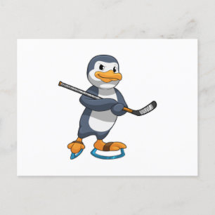 Penguin at Ice hockey with Ice hockey stick Postcard