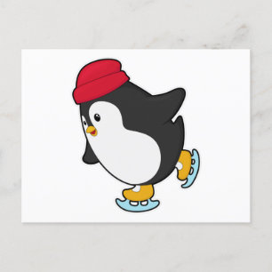 Penguin at Ice skating with Hat Postcard
