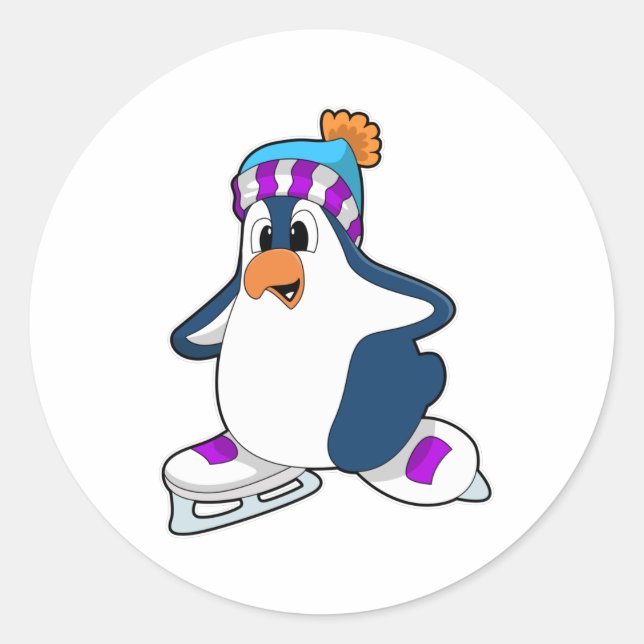 Penguin at Ice skating with Ice skates Classic Round Sticker (Front)