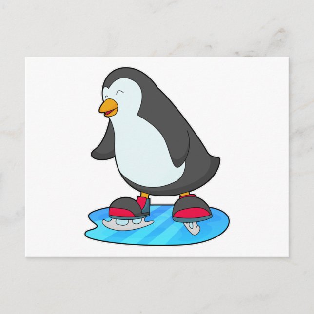Penguin at Ice skating with Ice skates Postcard (Front)