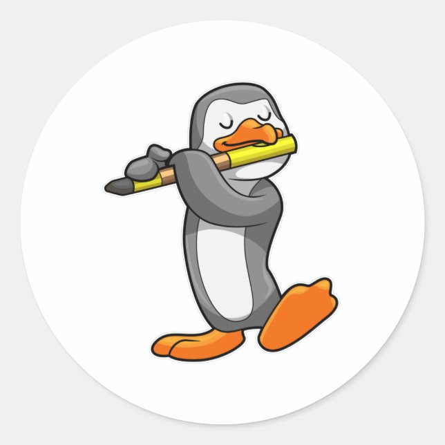 Penguin at Music with Flute Classic Round Sticker (Front)