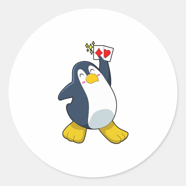 Penguin at Poker with Poker cards Classic Round Sticker (Front)