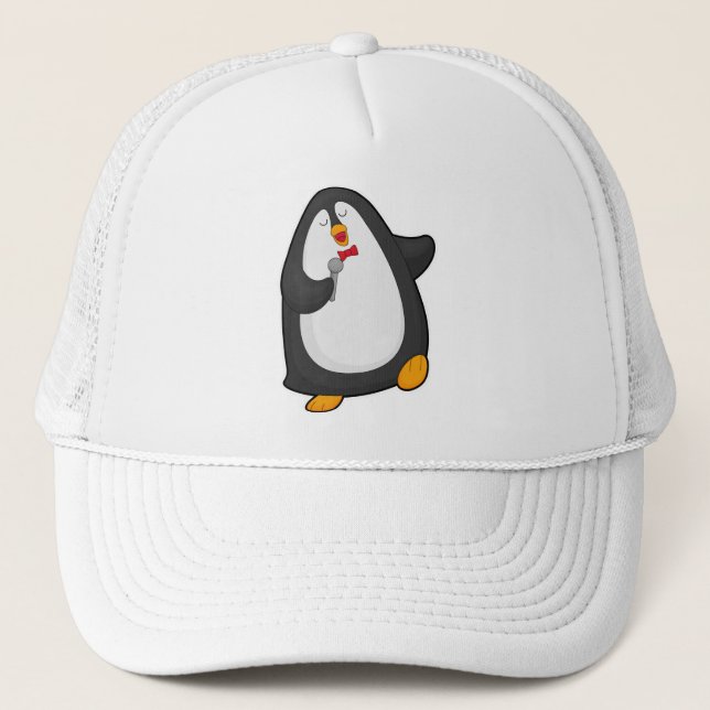 Penguin at Singing with Microphone & Tie Trucker Hat (Front)