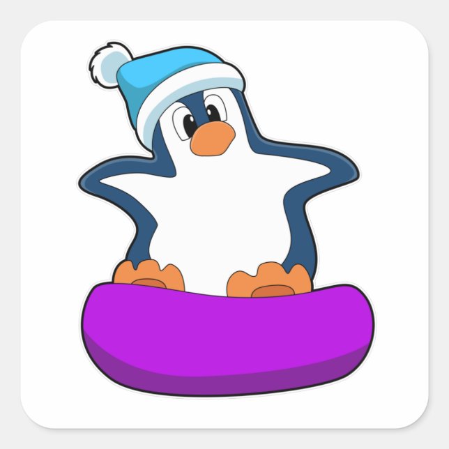 Penguin at Snowboarding with Snowboard Square Sticker (Front)