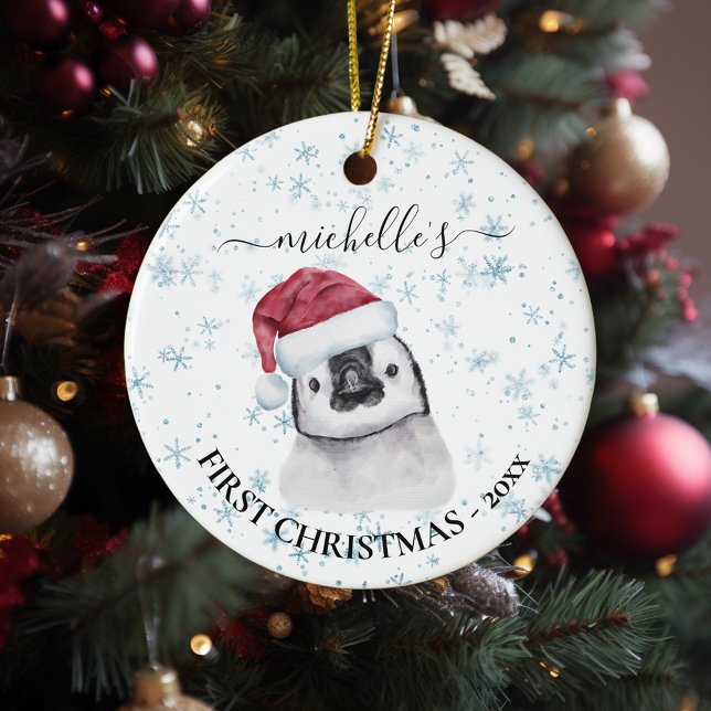 Penguin Baby First Christmas Monogram Name  Ceramic Ornament (Creator Uploaded)
