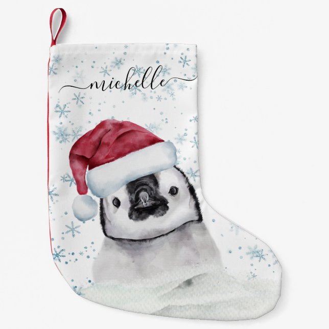Penguin Baby Monogram name Script Small Christmas Stocking (Front)